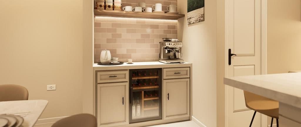 Rendering of the built-in coffee bar with open shelving