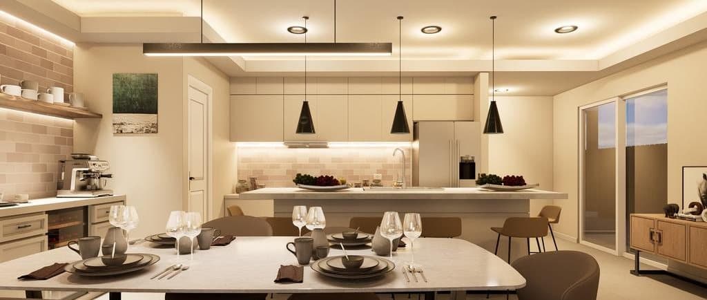 Rendering of the dining table with the kitchen island behind it