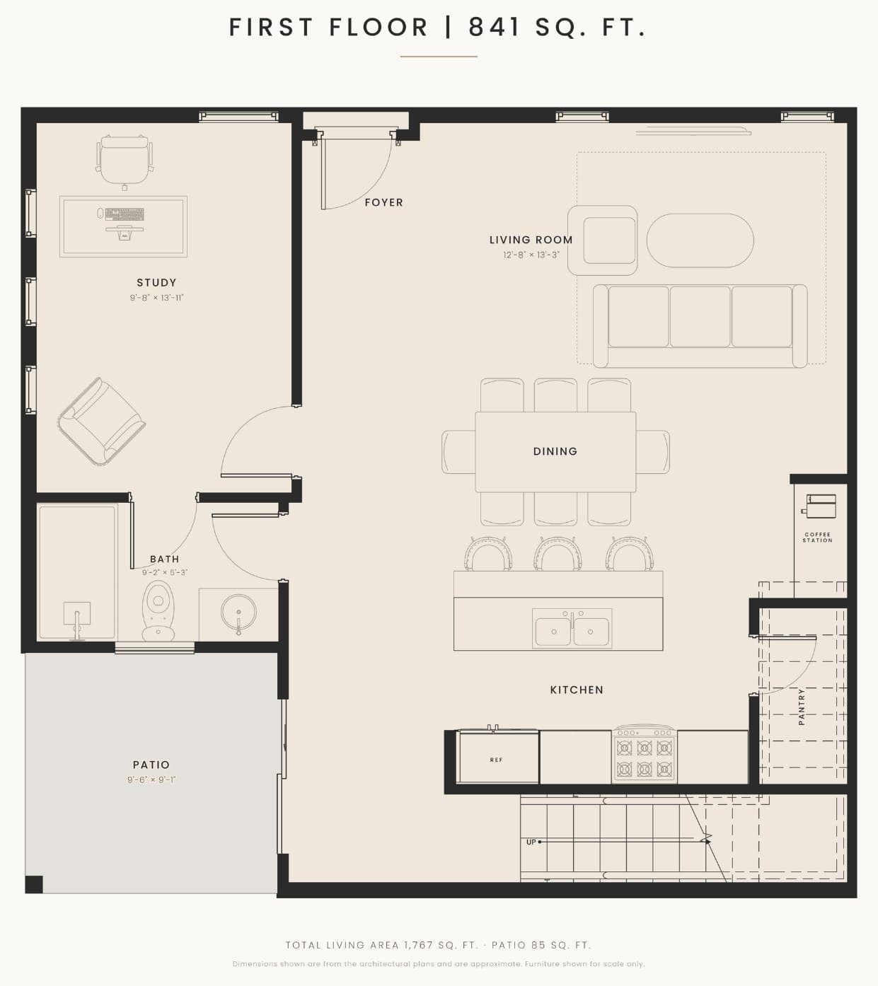 First floor plan: foyer, living room, dining, kitchen with island, study, full bath and patio