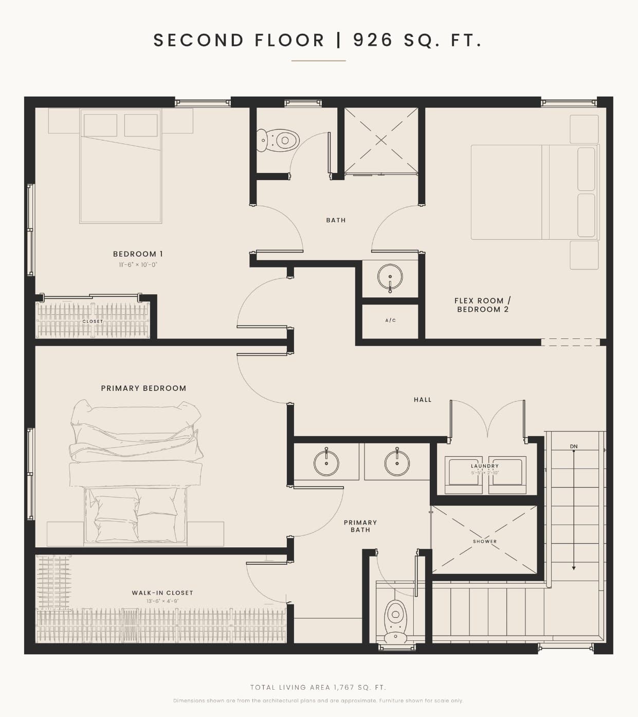Second floor plan: primary bedroom with walk-in closet and bath, bedroom 1, flex room or bedroom 2, hall bath and laundry