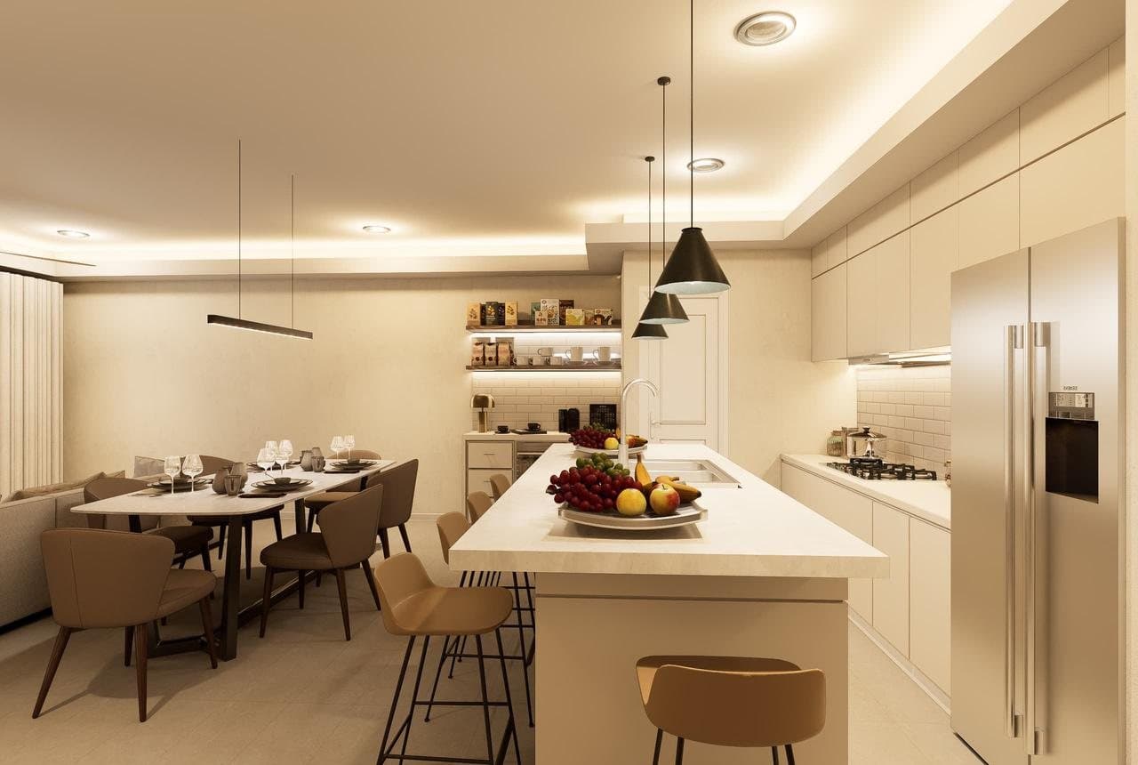 Rendering of the kitchen with a large island and stainless refrigerator