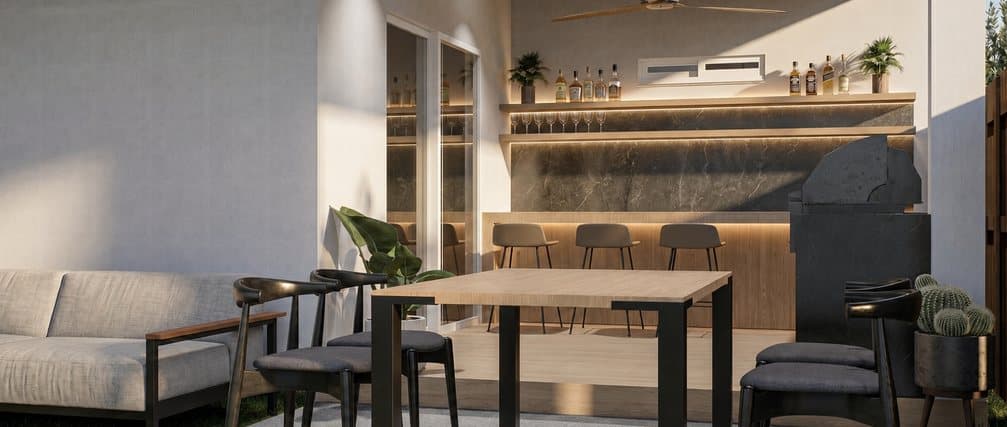 Rendering of the covered patio with dining table and lounge seating