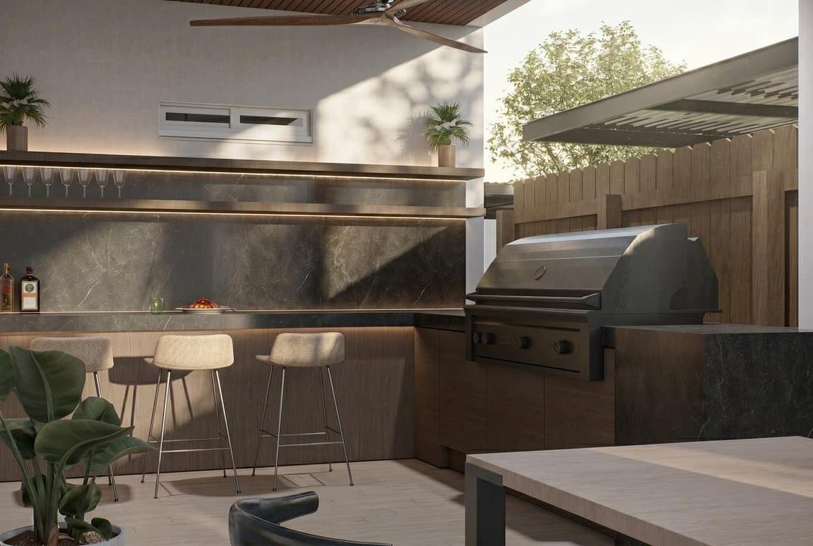 Rendering of the outdoor kitchen with grill and bar seating