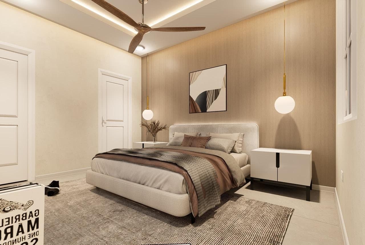 Rendering of the primary bedroom with pendant lights