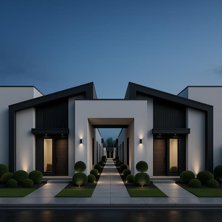 Rendering of a North Park on 107 fourplex in McAllen at dusk
